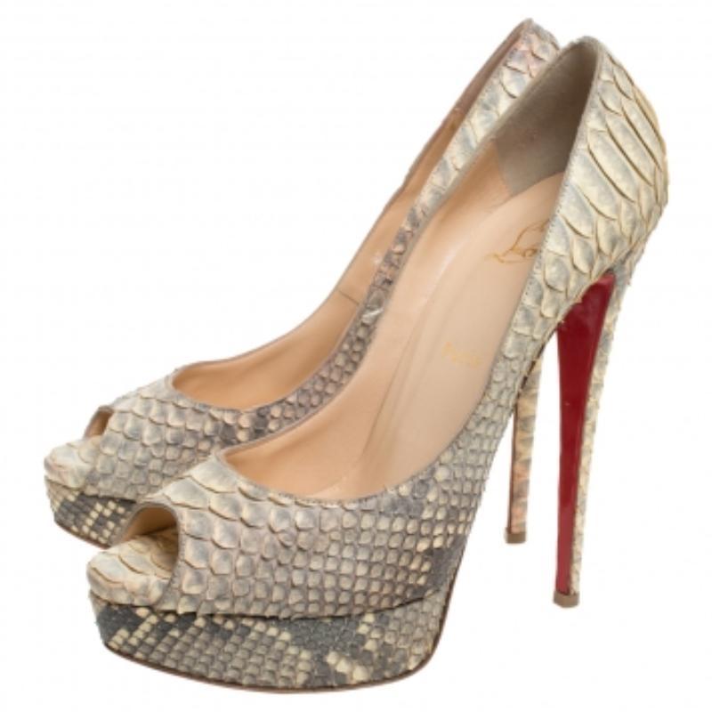 Christian Louboutin Grey Python Leather Altadama Peep Toe Platform Pumps Size 41 For Sale 1