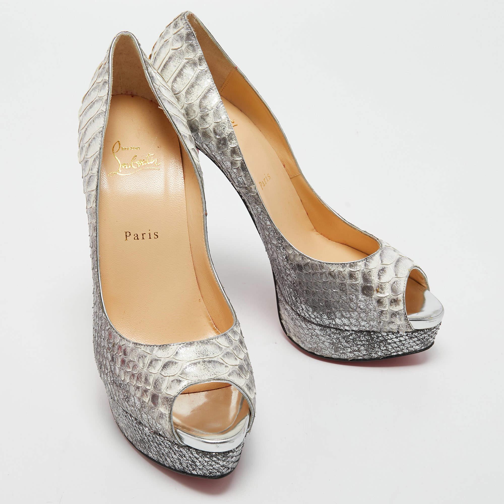 Women's Christian Louboutin Grey/Silver Python Lady Peep Pumps Size 40 For Sale