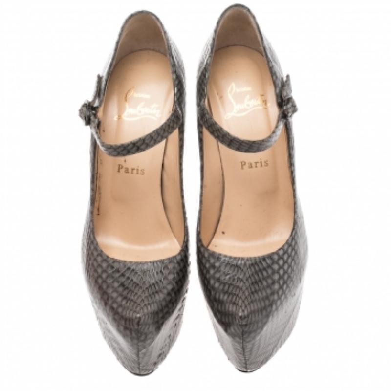 Women's Christian Louboutin Grey Snakeskin Lady Daf Platform Pumps Size 37.5
