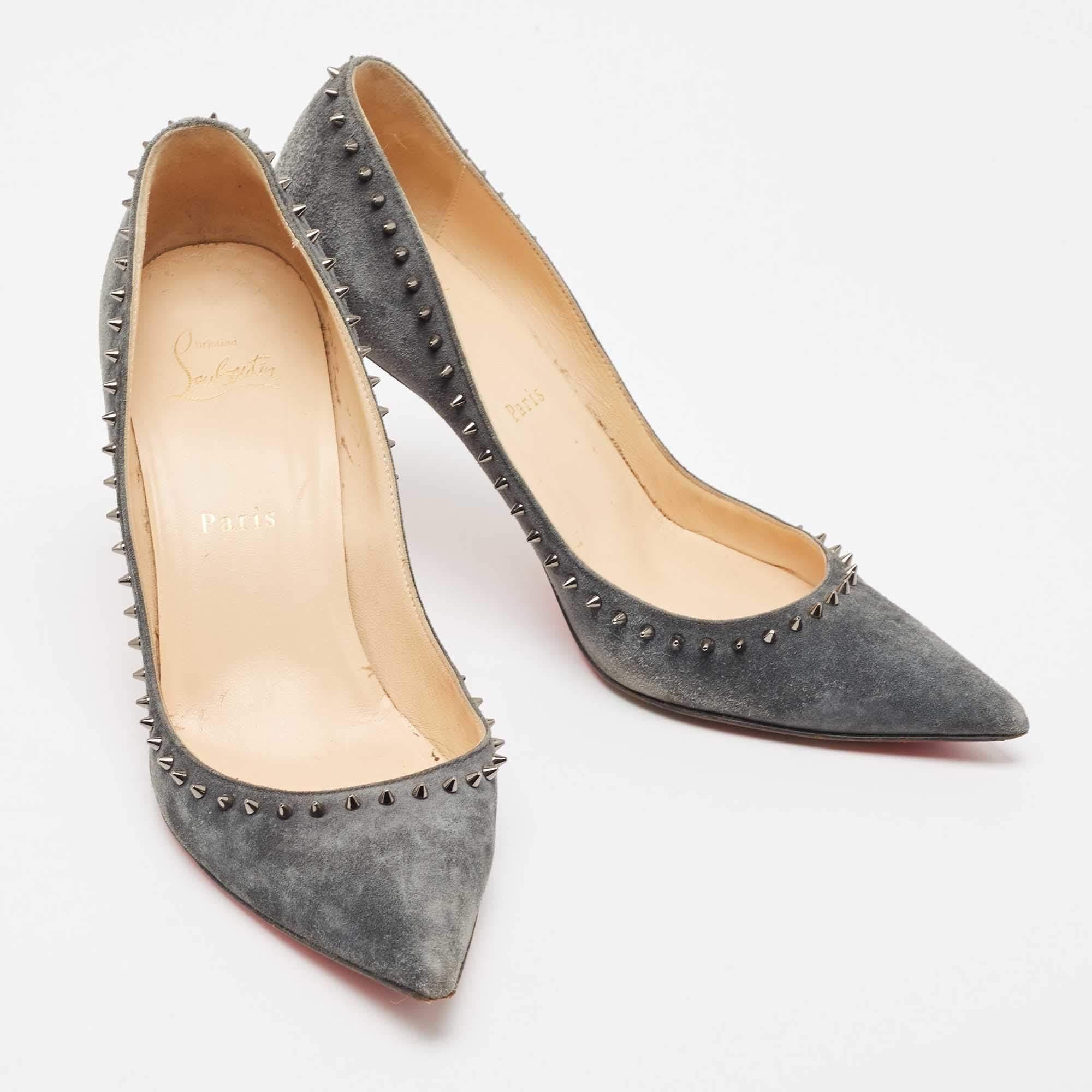 Gray Christian Louboutin Grey Suede Anjalina Spike Pointed Toe Pumps Size 38.5