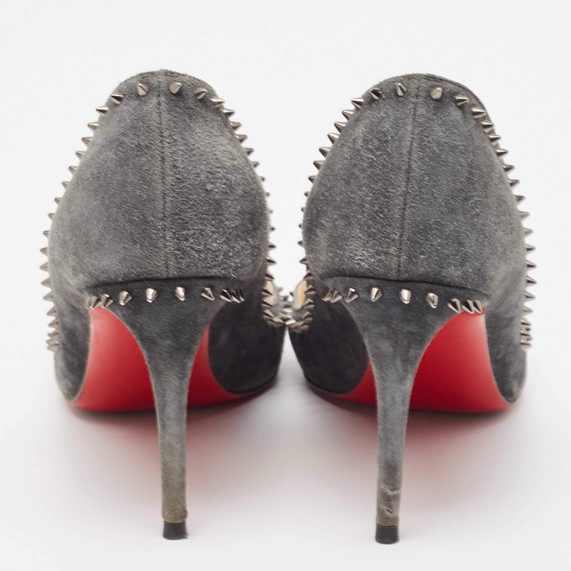 Women's Christian Louboutin Grey Suede Anjalina Spike Pointed Toe Pumps Size 38.5