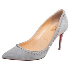 Christian Louboutin Grey Suede Anjalina Spike Trim Pointed Toe Pumps Size 35.5