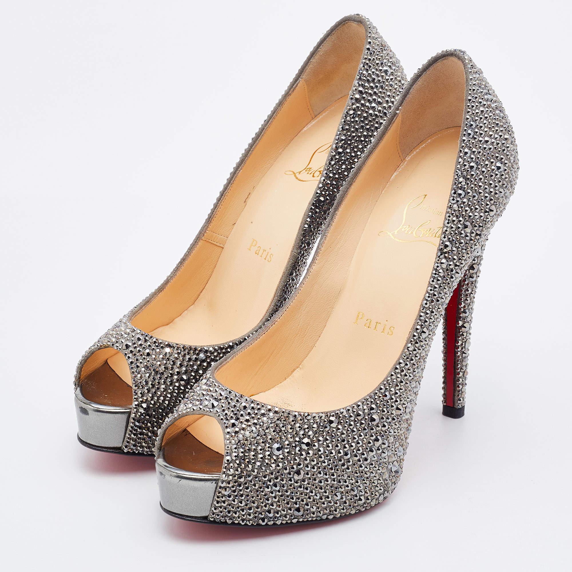 Brown Christian Louboutin Grey Suede Crystal Embellished Very Riche Peep Toe Pumps