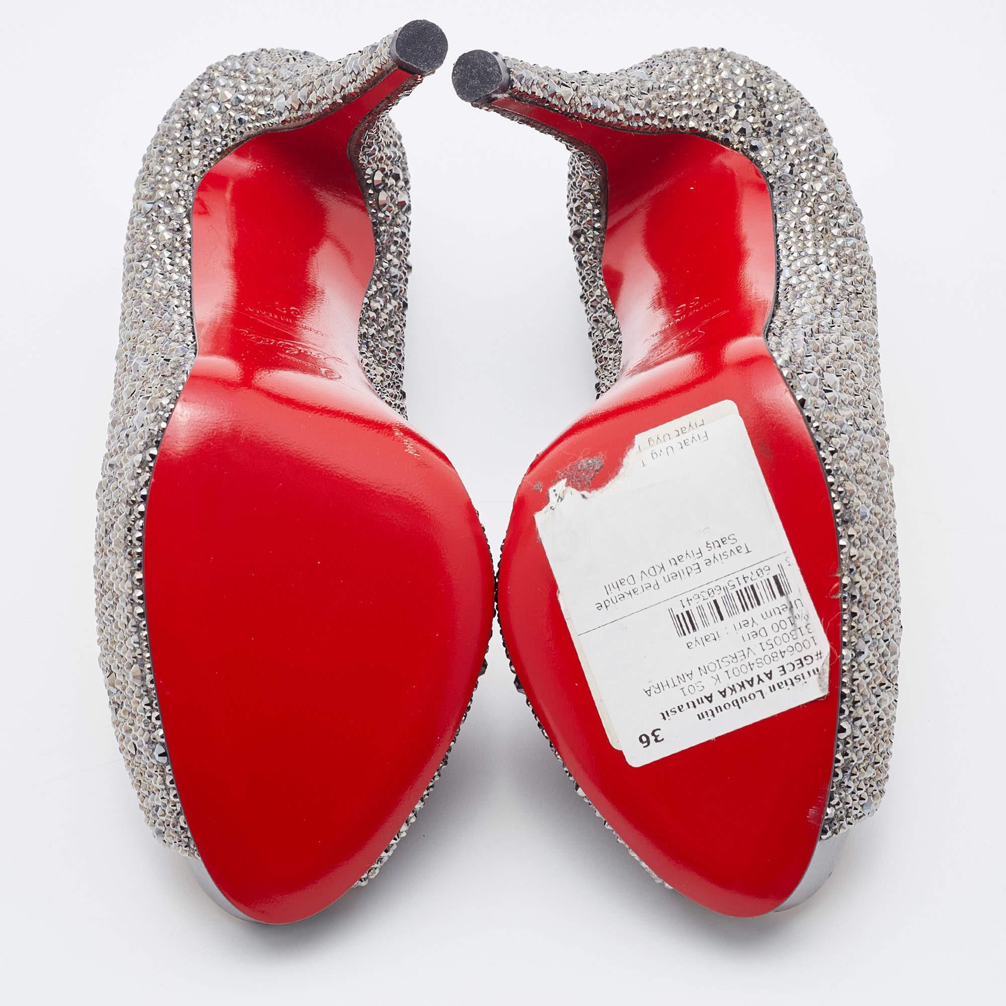 Women's Christian Louboutin Grey Suede Crystal Embellished Very Riche Peep Toe Pumps