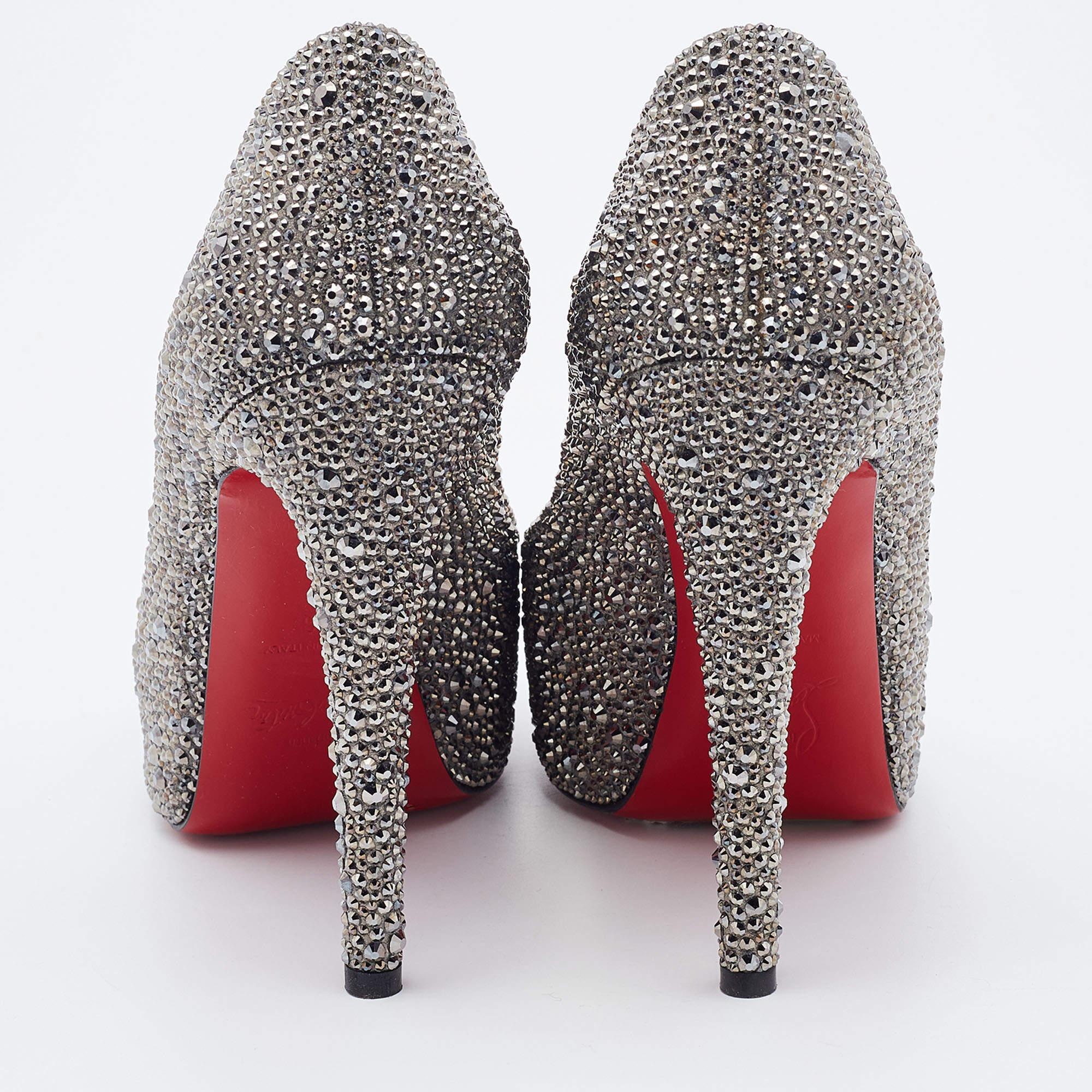 Christian Louboutin Grey Suede Crystal Embellished Very Riche Peep Toe Pumps 3