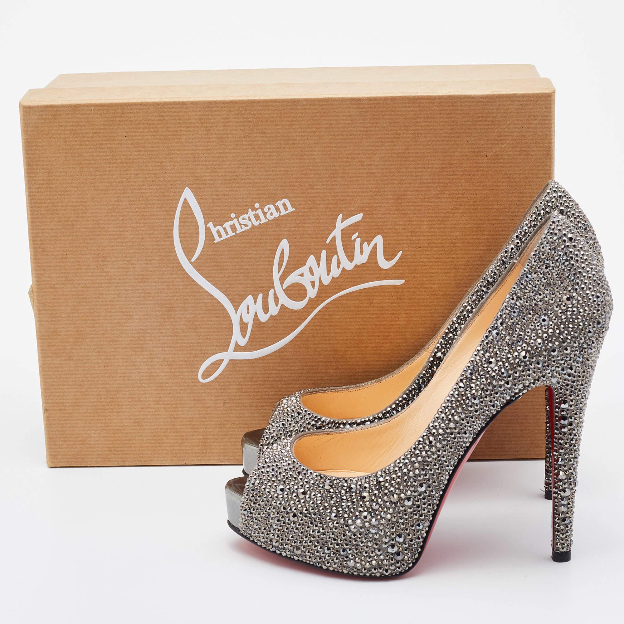 Christian Louboutin Grey Suede Crystal Embellished Very Riche Peep Toe Pumps 4