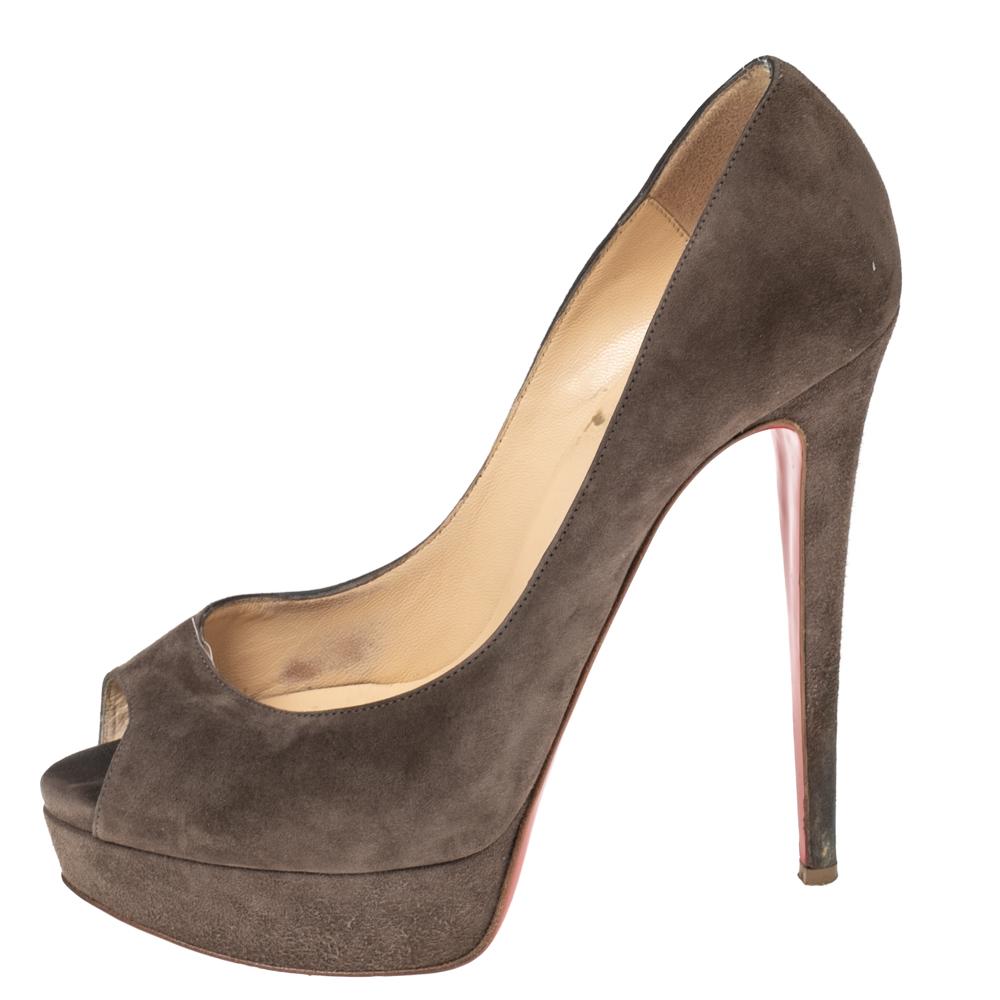 Women's Christian Louboutin Grey Suede Lady Peep Pumps Size 38 For Sale