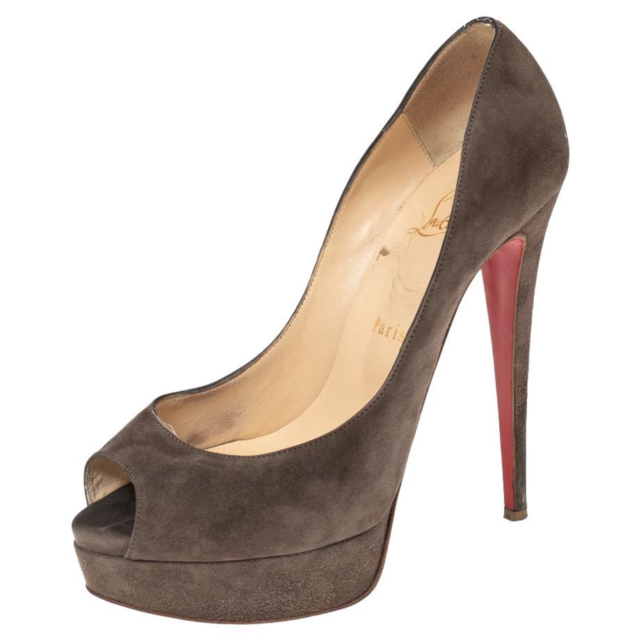 Christian Louboutin Grey Suede Lady Peep Pumps Size 38 For Sale