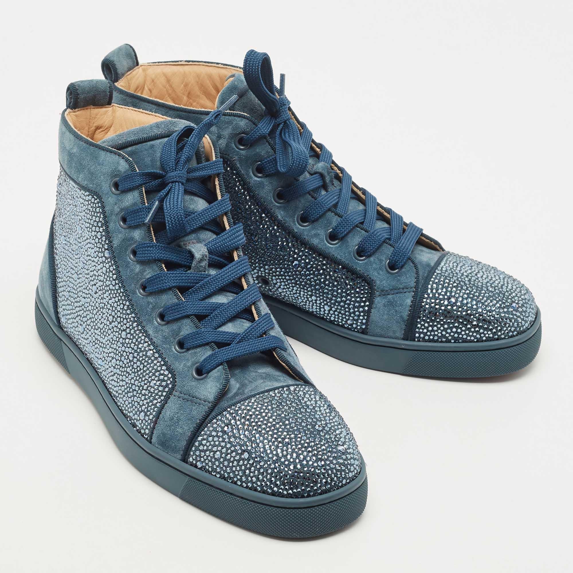 Christian Louboutin Grey Suede Louis Strass High Top Sneakers Size 41 In New Condition In Dubai, Al Qouz 2