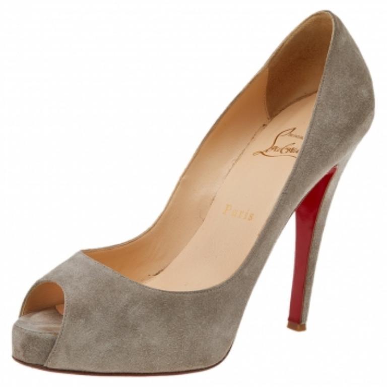 Brown Christian Louboutin Grey Suede Prive Peep Toe Platform Pumps Size 38.5