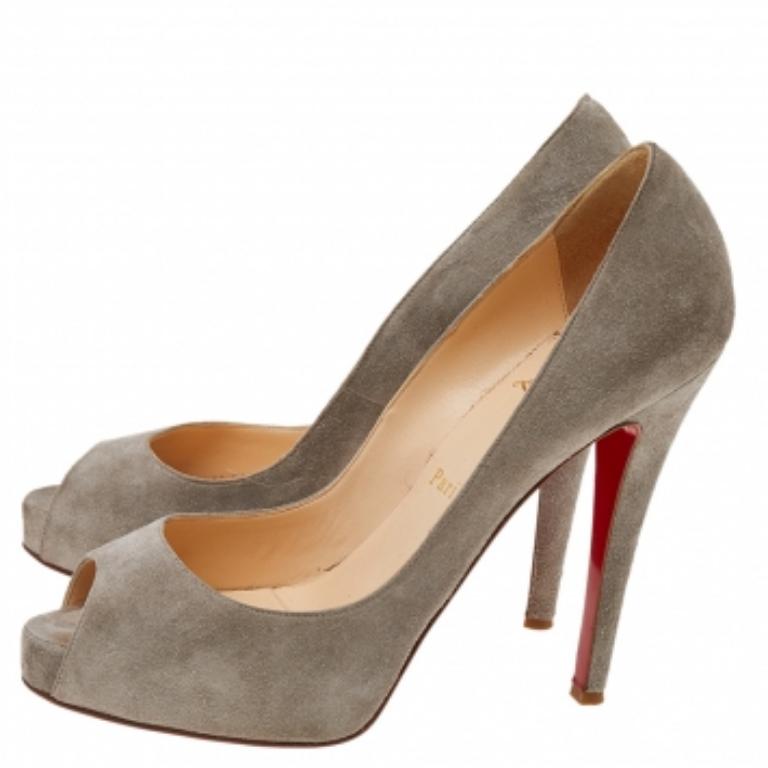 Women's Christian Louboutin Grey Suede Prive Peep Toe Platform Pumps Size 38.5