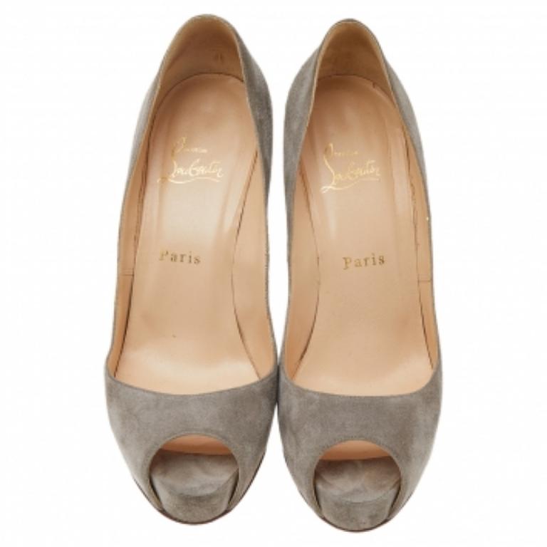 Christian Louboutin Grey Suede Prive Peep Toe Platform Pumps Size 38.5 3