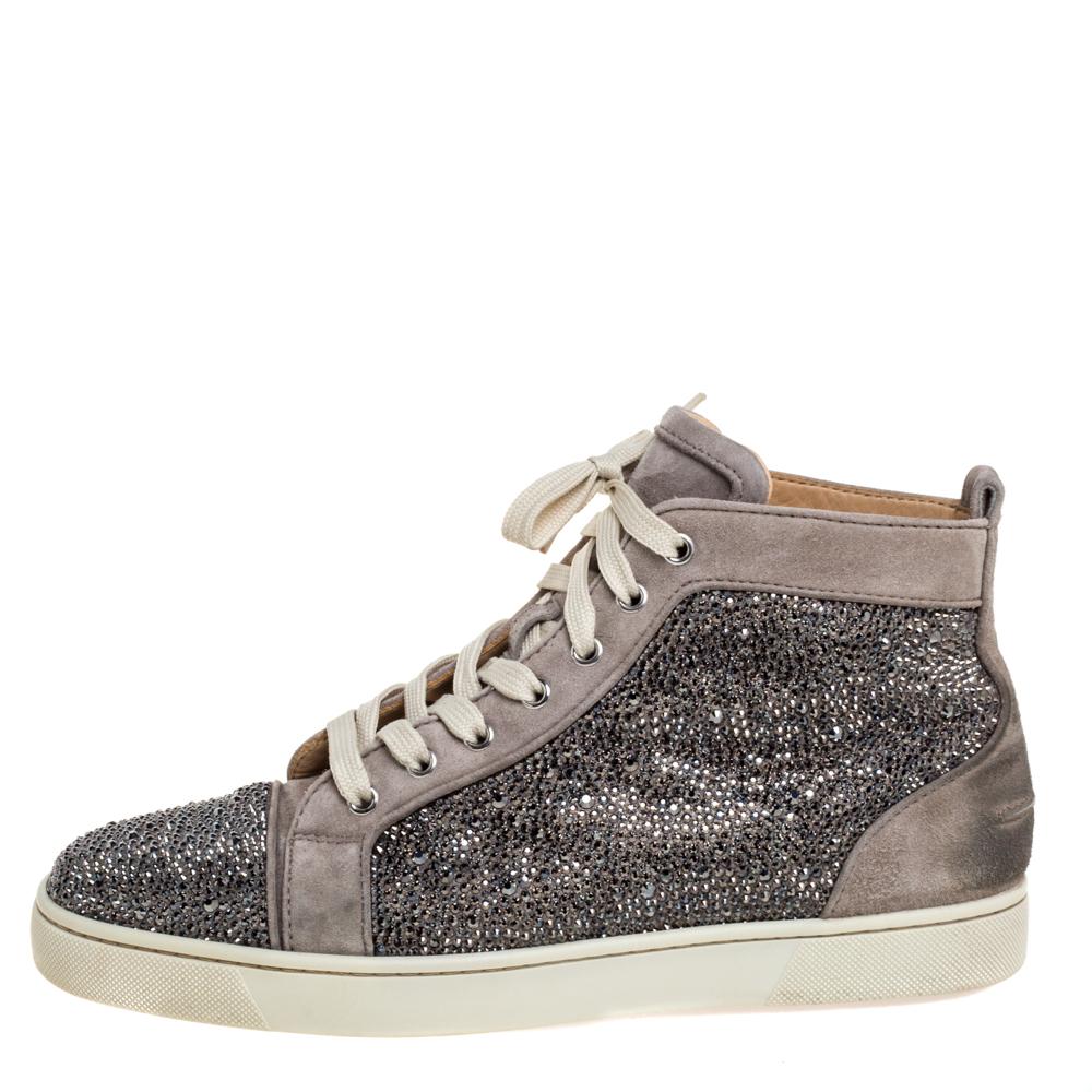 Christian Louboutin Grey Suede Strass High-Top Sneakers Size 42.5 In Good Condition In Dubai, Al Qouz 2