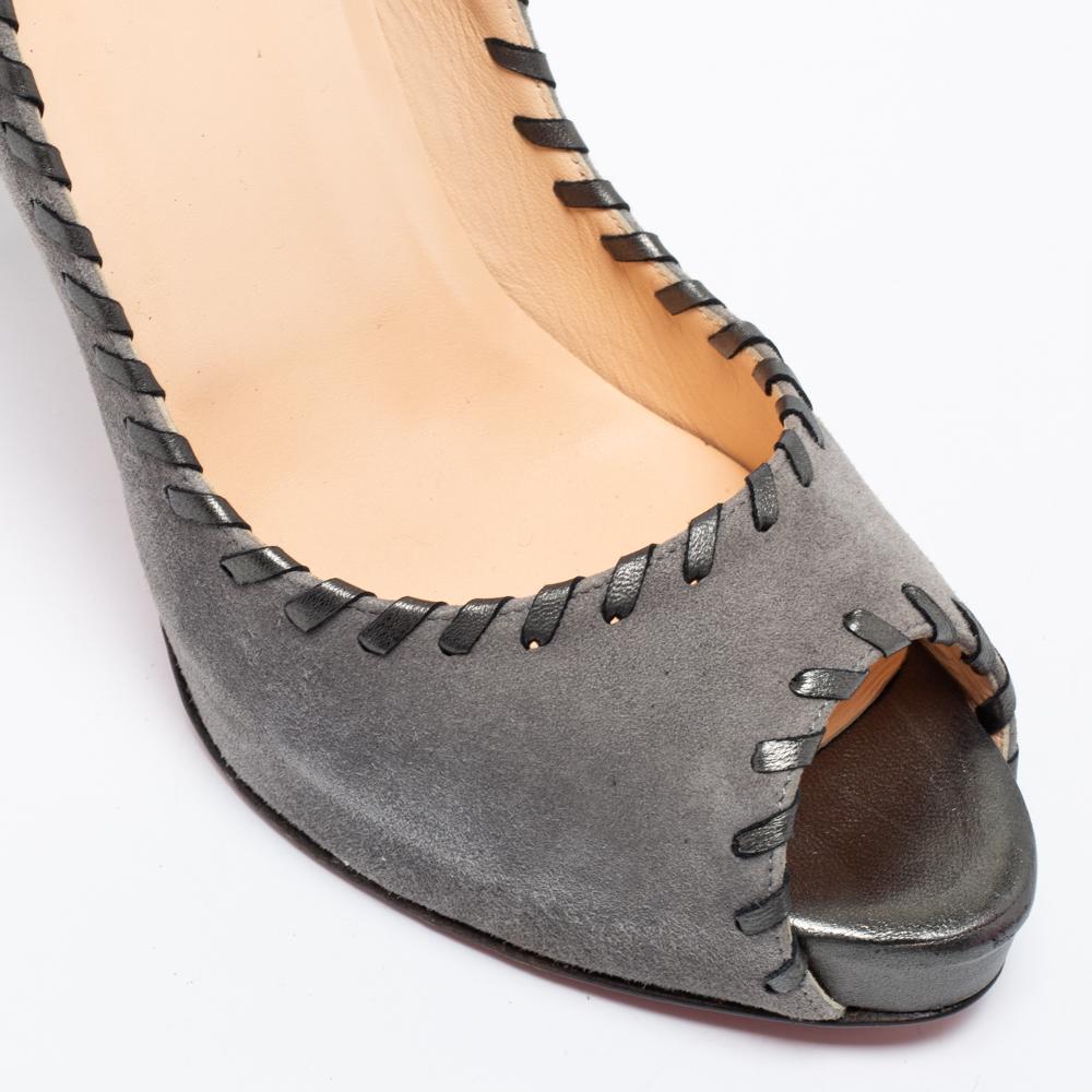 Christian Louboutin Grey Suede Whipstitch Very Prive Peep-Toe Pumps Size 41 For Sale 2