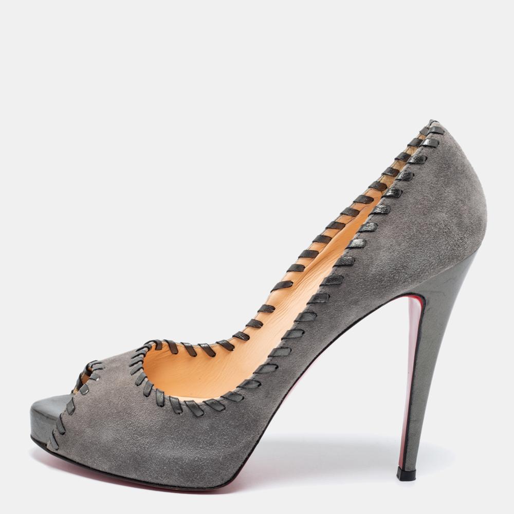 Christian Louboutin Grey Suede Whipstitch Very Prive Peep-Toe Pumps Size 41 For Sale 4