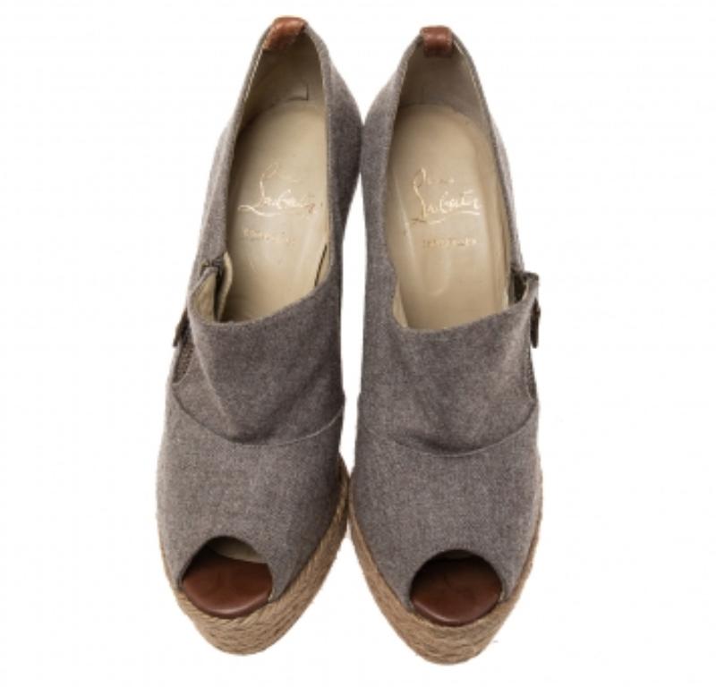 Women's Christian Louboutin Grey Wool Deroba Espadrilles Wedge Sandals Size 40 For Sale