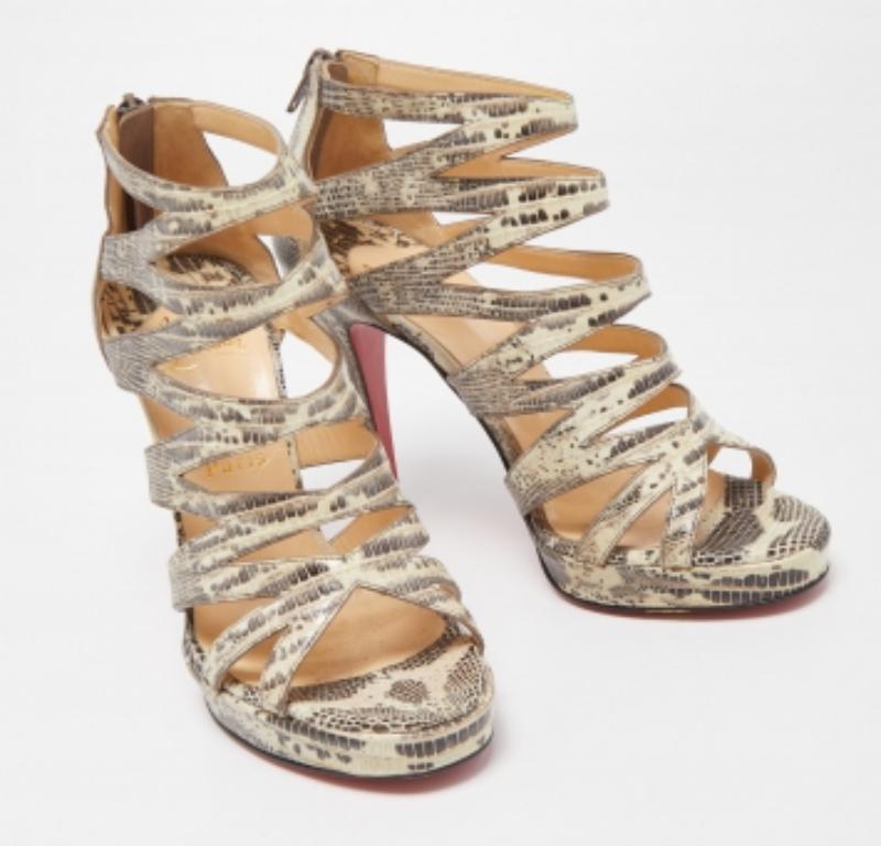 Donna Christian Louboutin Sandali a gabbia in pelle di lucertola grigio/giallo 'Fernando' misura 37 in vendita