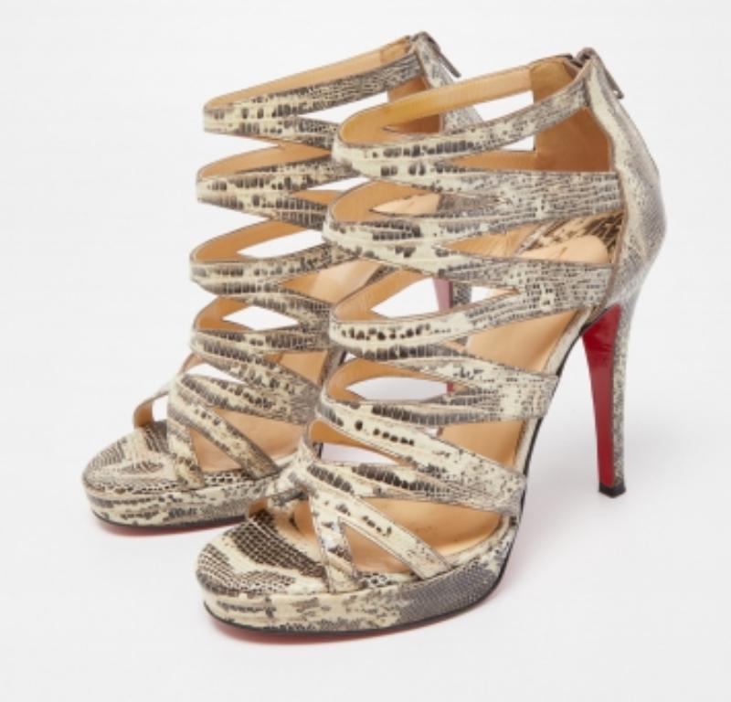 Christian Louboutin Sandali a gabbia in pelle di lucertola grigio/giallo 'Fernando' misura 37 in vendita 3