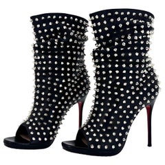 Christian Louboutin Guerilla 100 Silver Spike Leather Peep Toe Booty 37.5