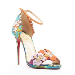 CHRISTIAN LOUBOUTIN Ha Why Luna 120 floral pearl strass ankle strap heel EU38
