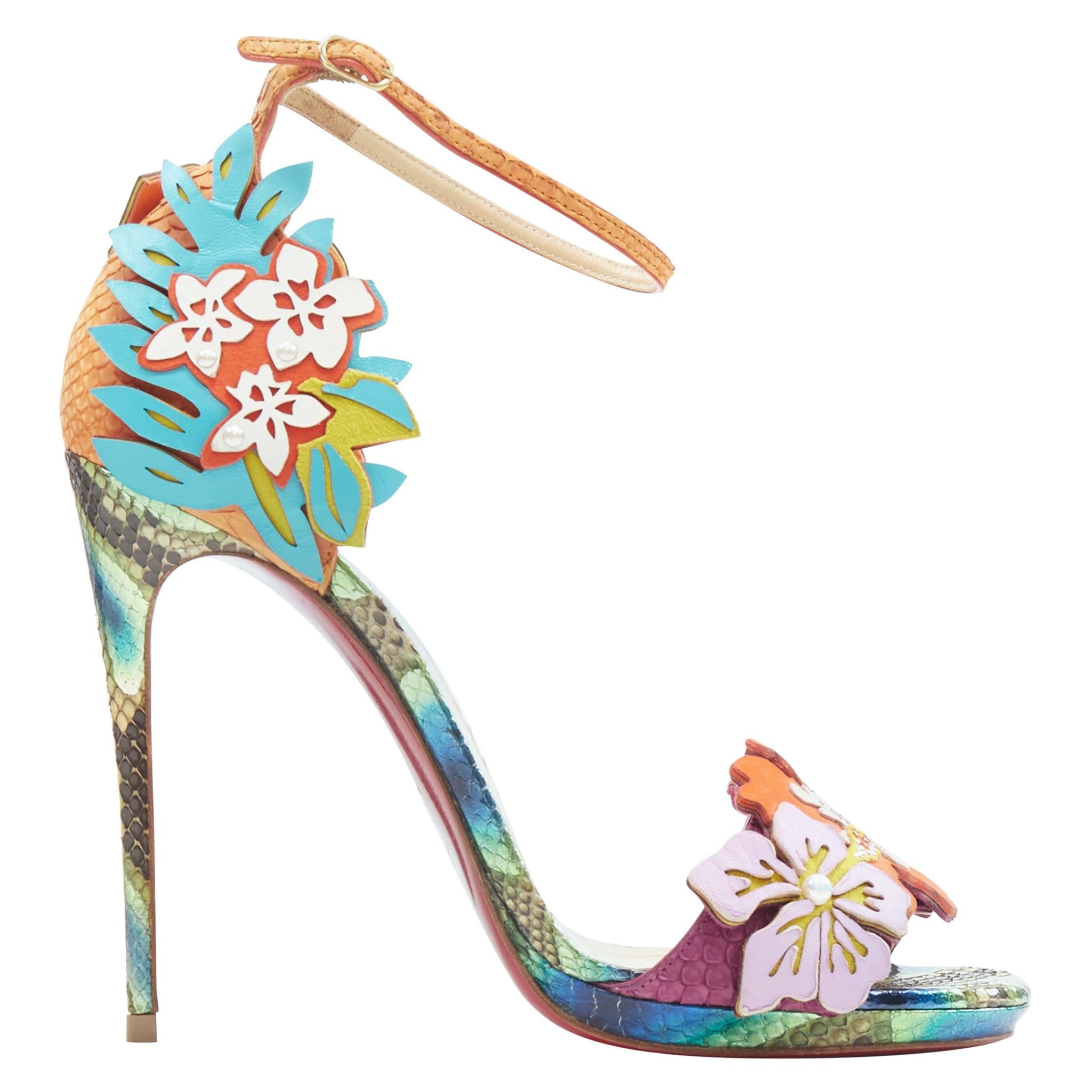 CHRISTIAN LOUBOUTIN Ha Why Luna 120 floral pearl strass ankle strap heel EU38