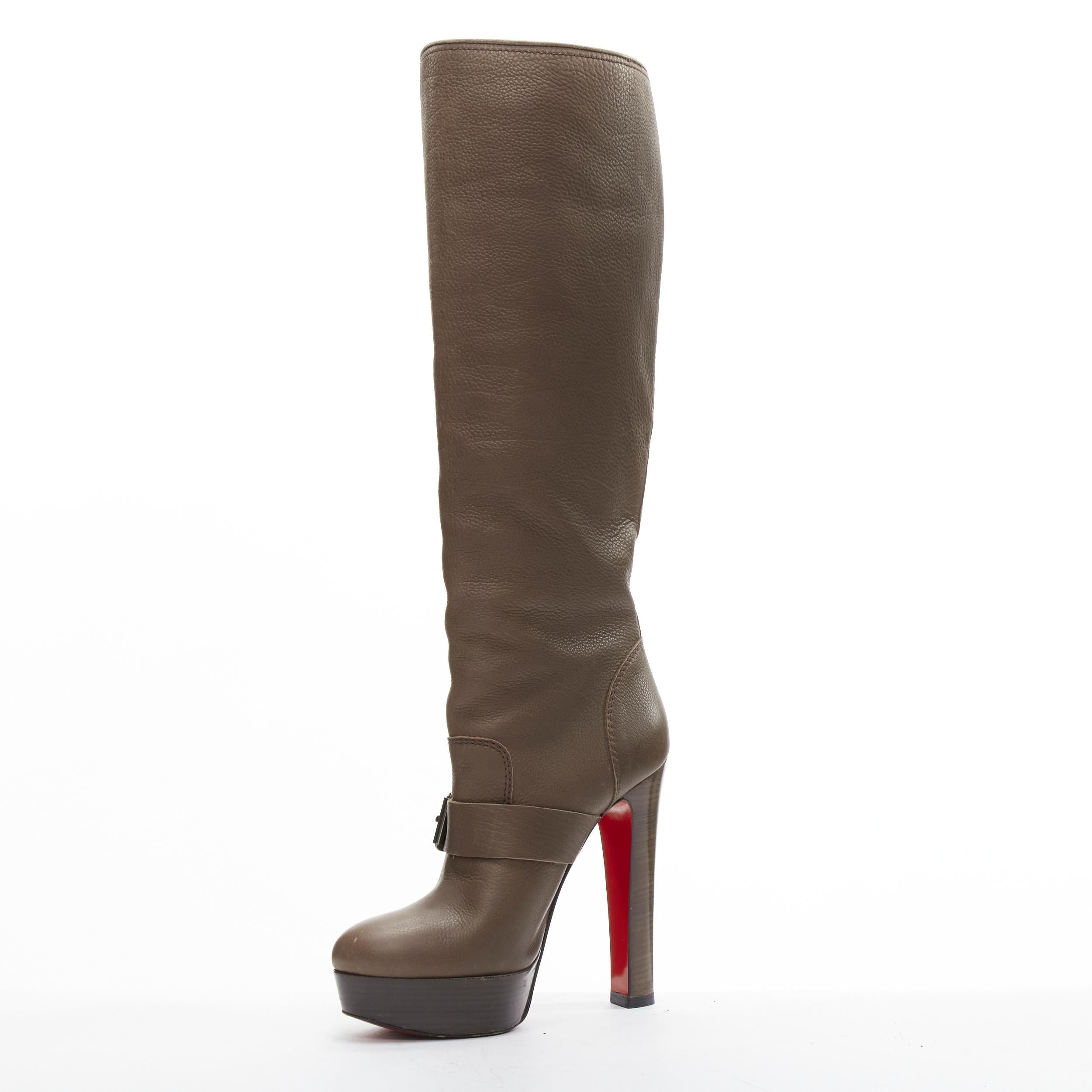 CHRISTIAN LOUBOUTIN Harletty 140 buckle brown platform knee biker boots EU37 In Good Condition For Sale In Hong Kong, NT