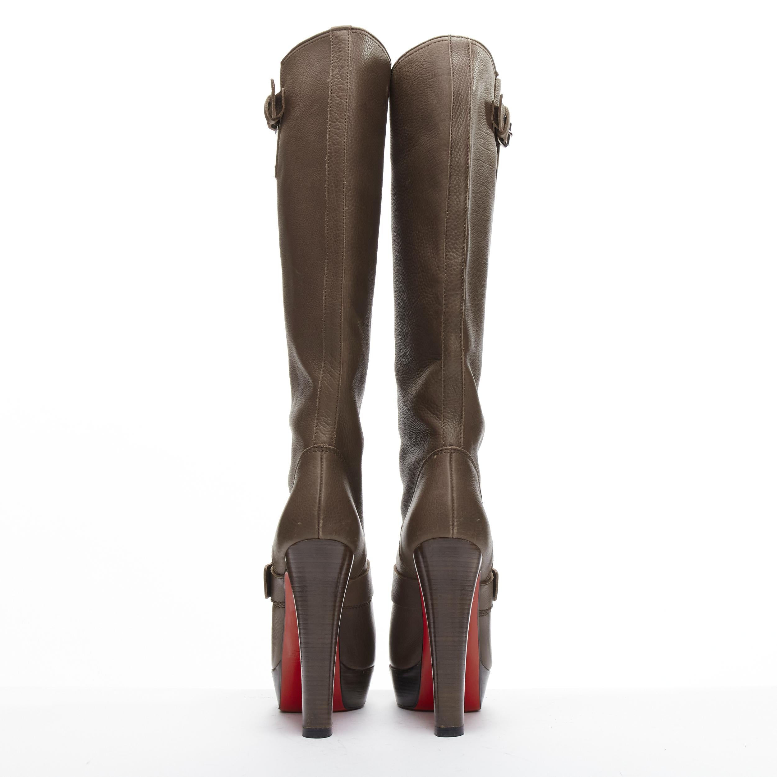 Women's CHRISTIAN LOUBOUTIN Harletty 140 buckle brown platform knee biker boots EU37