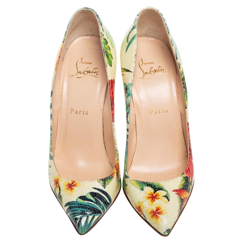Beige Christian Louboutin Hawaii Floral Print Leather Pigalle Follies Pumps Size 37.5