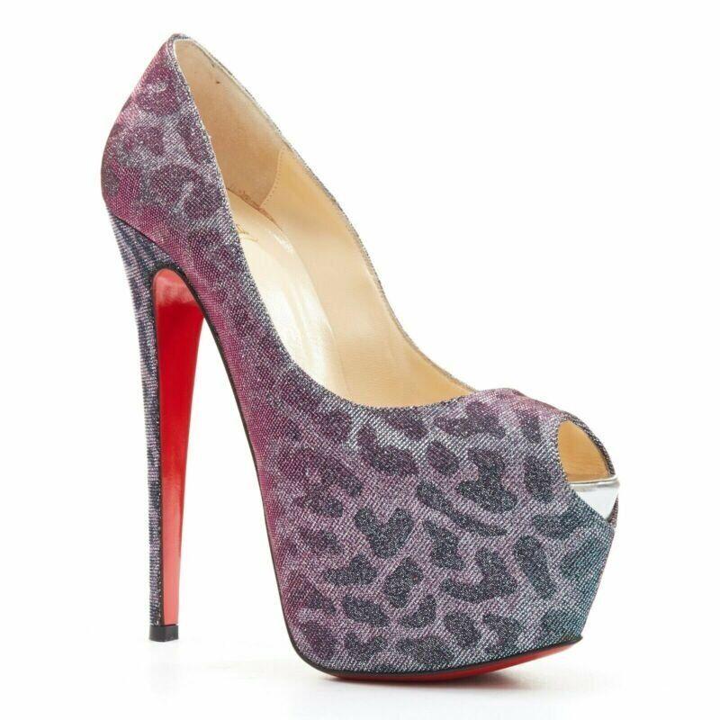 CHRISTIAN LOUBOUTIN Highness 160 blue lame leopard peep toe platform EU38
Reference: TGAS/A03303
Brand: Christian Louboutin
Model: Highness 160
Material: Others
Color: Blue
Pattern: Solid
Extra Details: Highness 160. Lame iridescent pink and blue