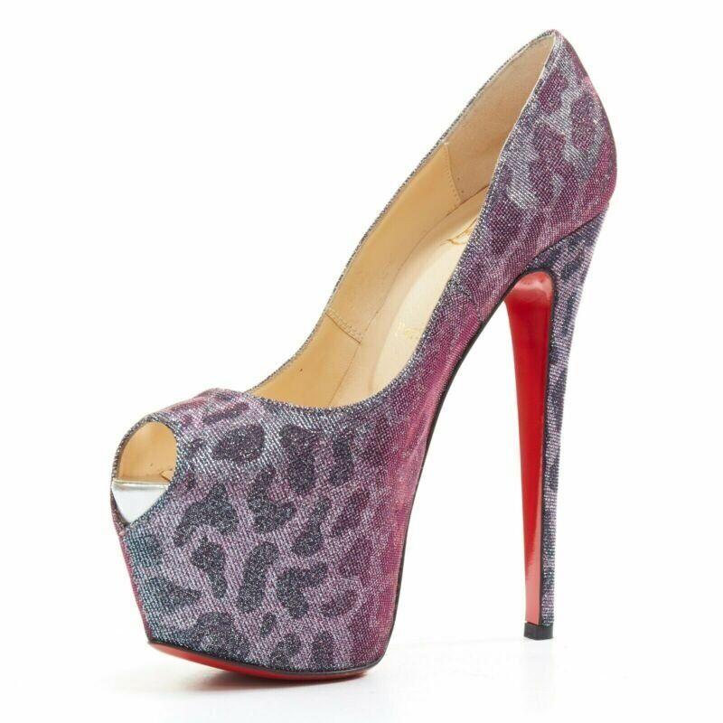 CHRISTIAN LOUBOUTIN Highness 160 blue lame leopard peep toe platform EU38 In Good Condition For Sale In Hong Kong, NT