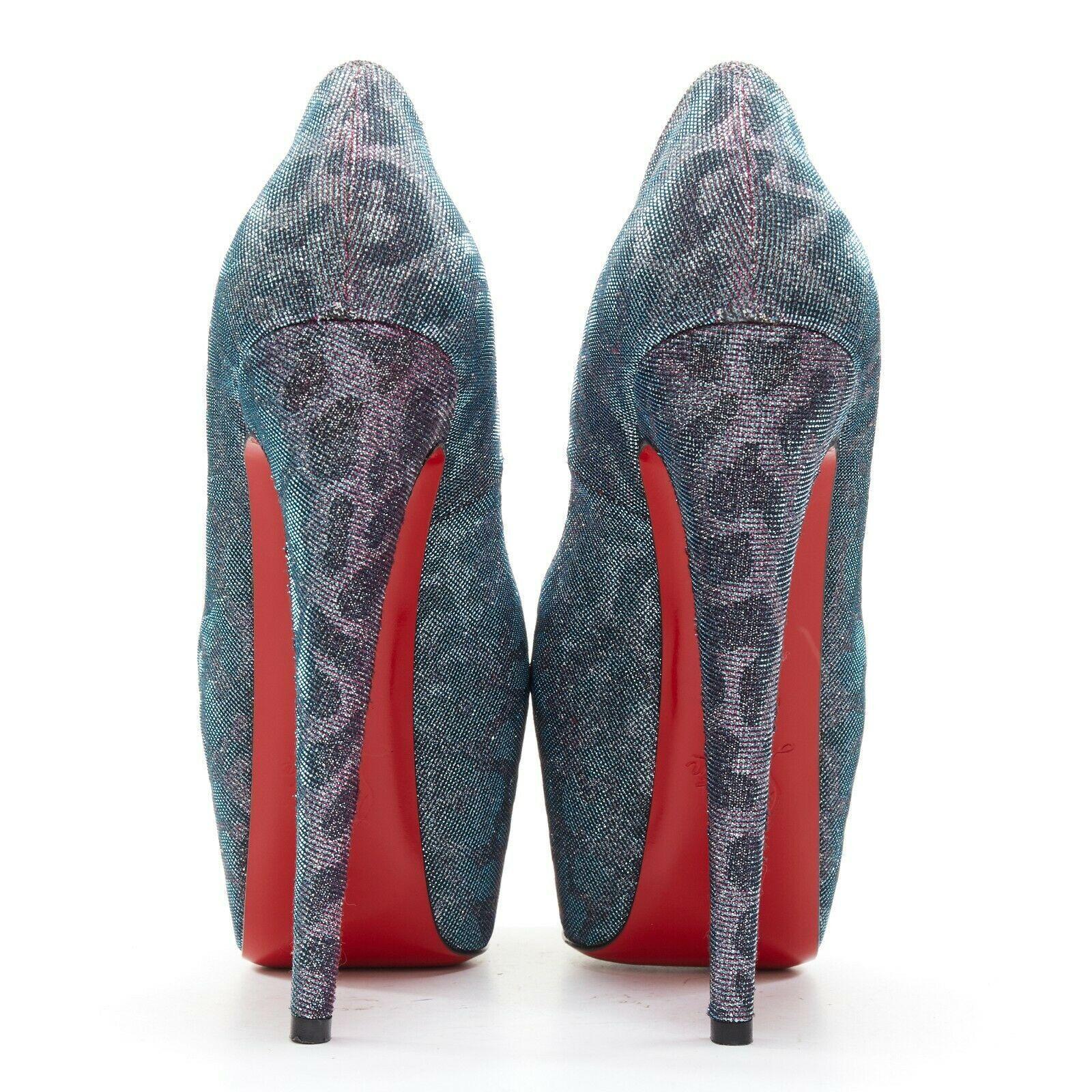 CHRISTIAN LOUBOUTIN Highness 160 blue lame leopard peep toe platform EU38 In Excellent Condition In Hong Kong, NT