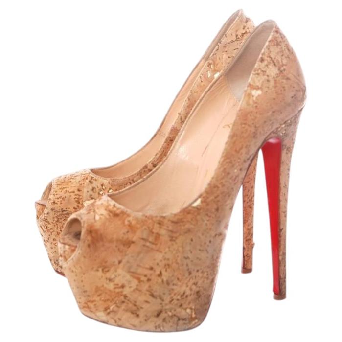 Pre-owned Christian Louboutin , Highness Cork Peep-toe Platform In Brown