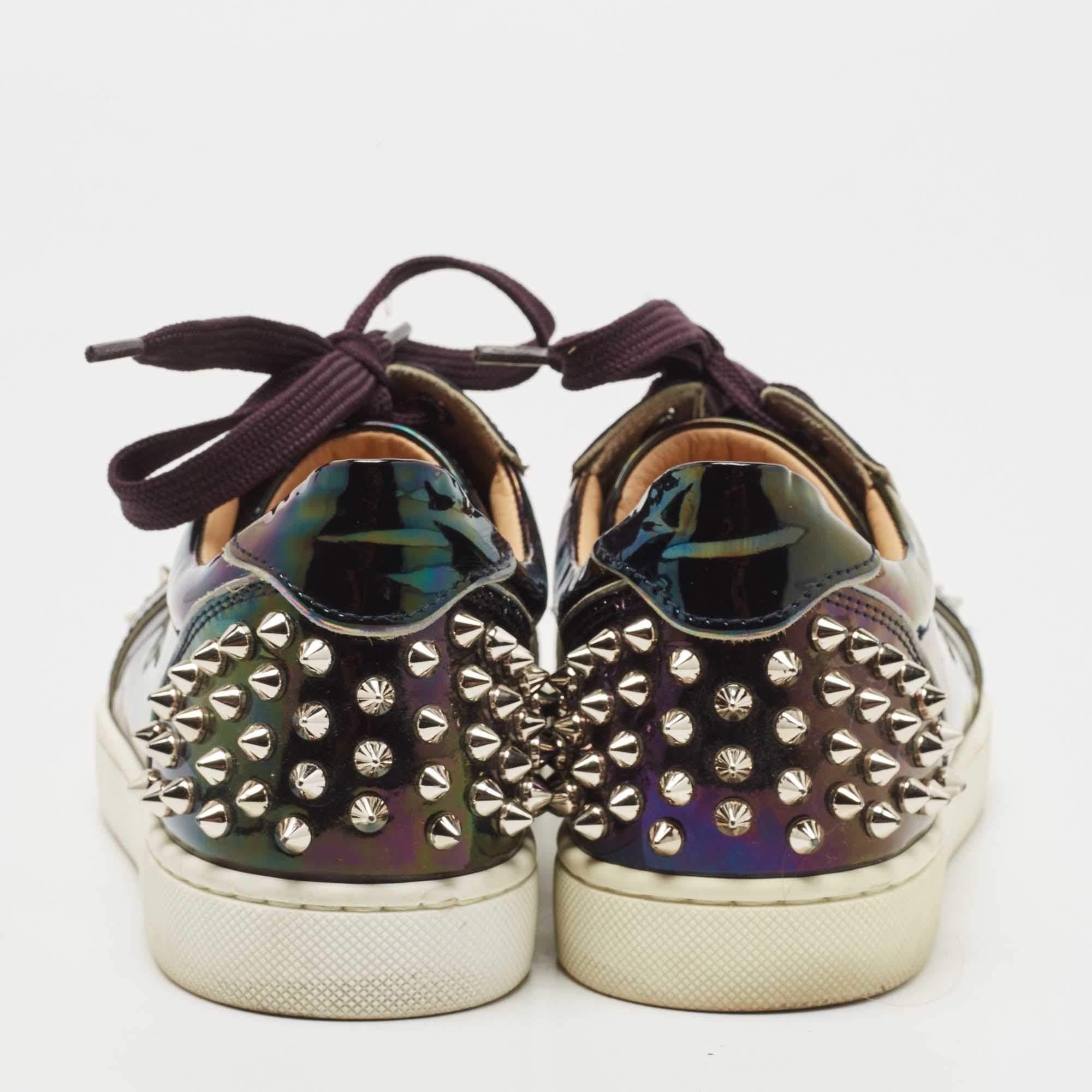 Black Christian Louboutin Holographic Patent veira Spike Low Top Sneakers Size 36.5