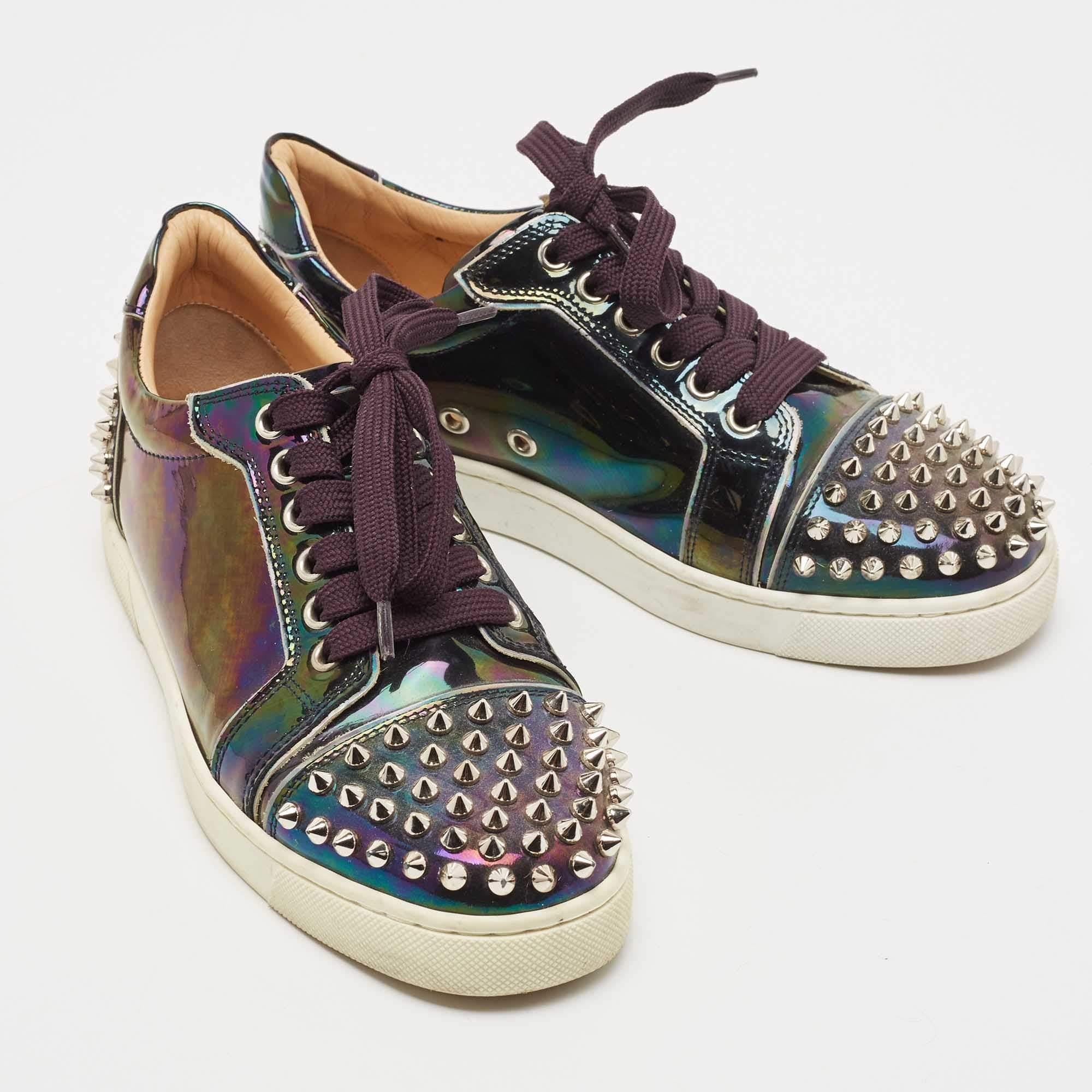 Women's Christian Louboutin Holographic Patent veira Spike Low Top Sneakers Size 36.5