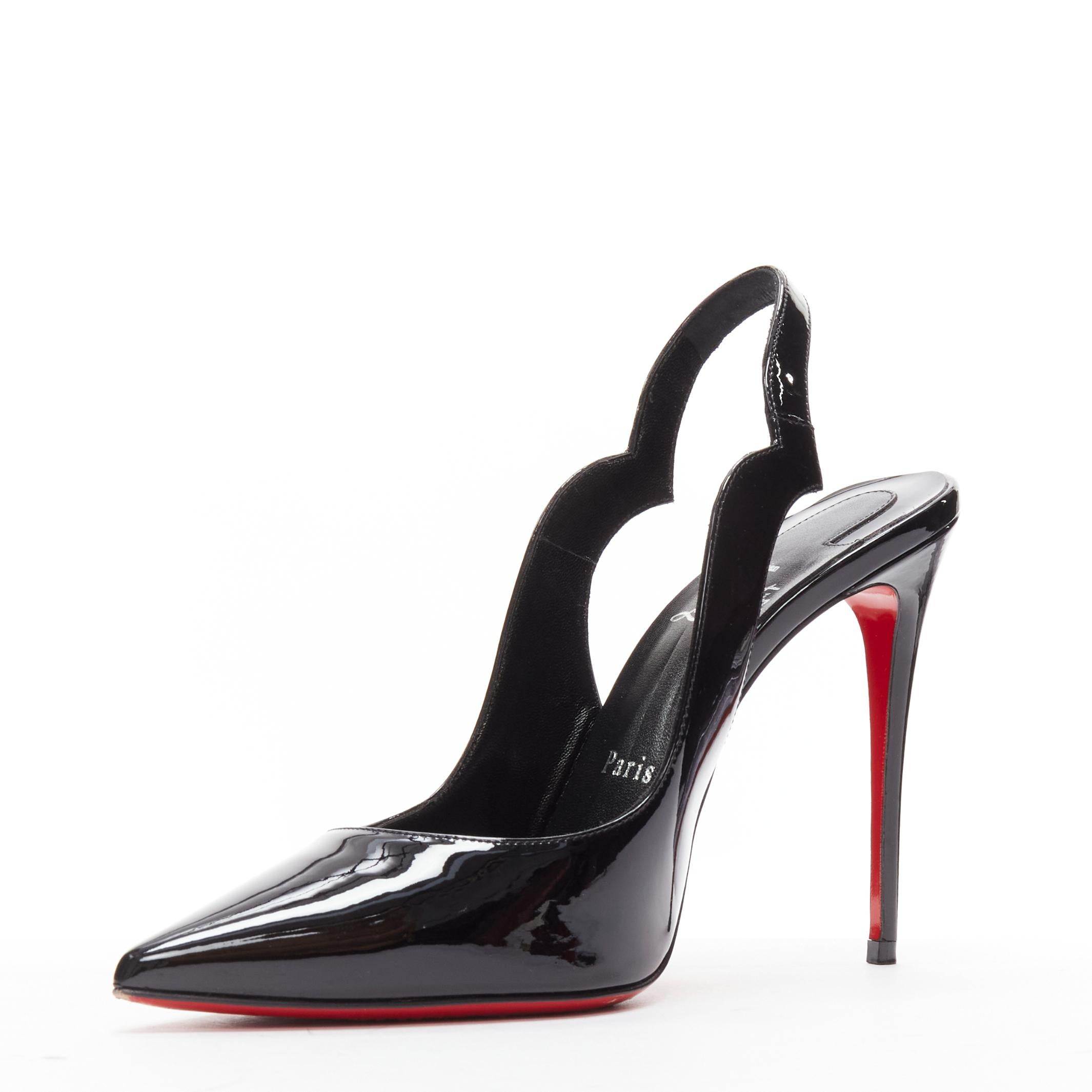 Women's CHRISTIAN LOUBOUTIN Hot Chick Sling 100 black patent scalloped pointy heels EU37