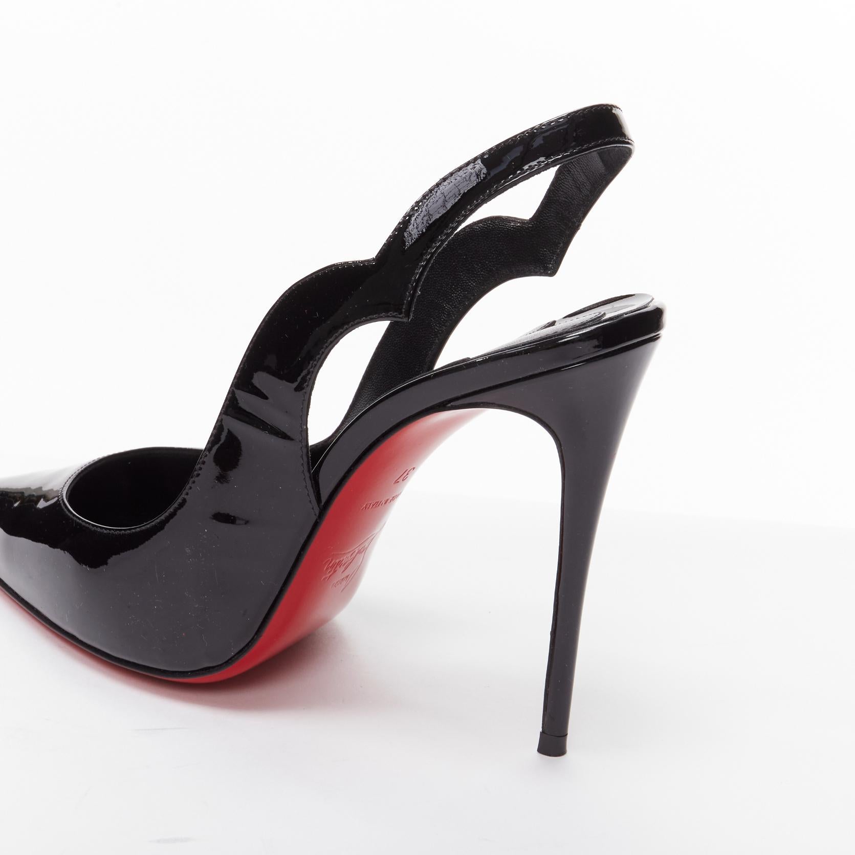 CHRISTIAN LOUBOUTIN Hot Chick Sling 100 black patent scalloped pointy heels EU37 4