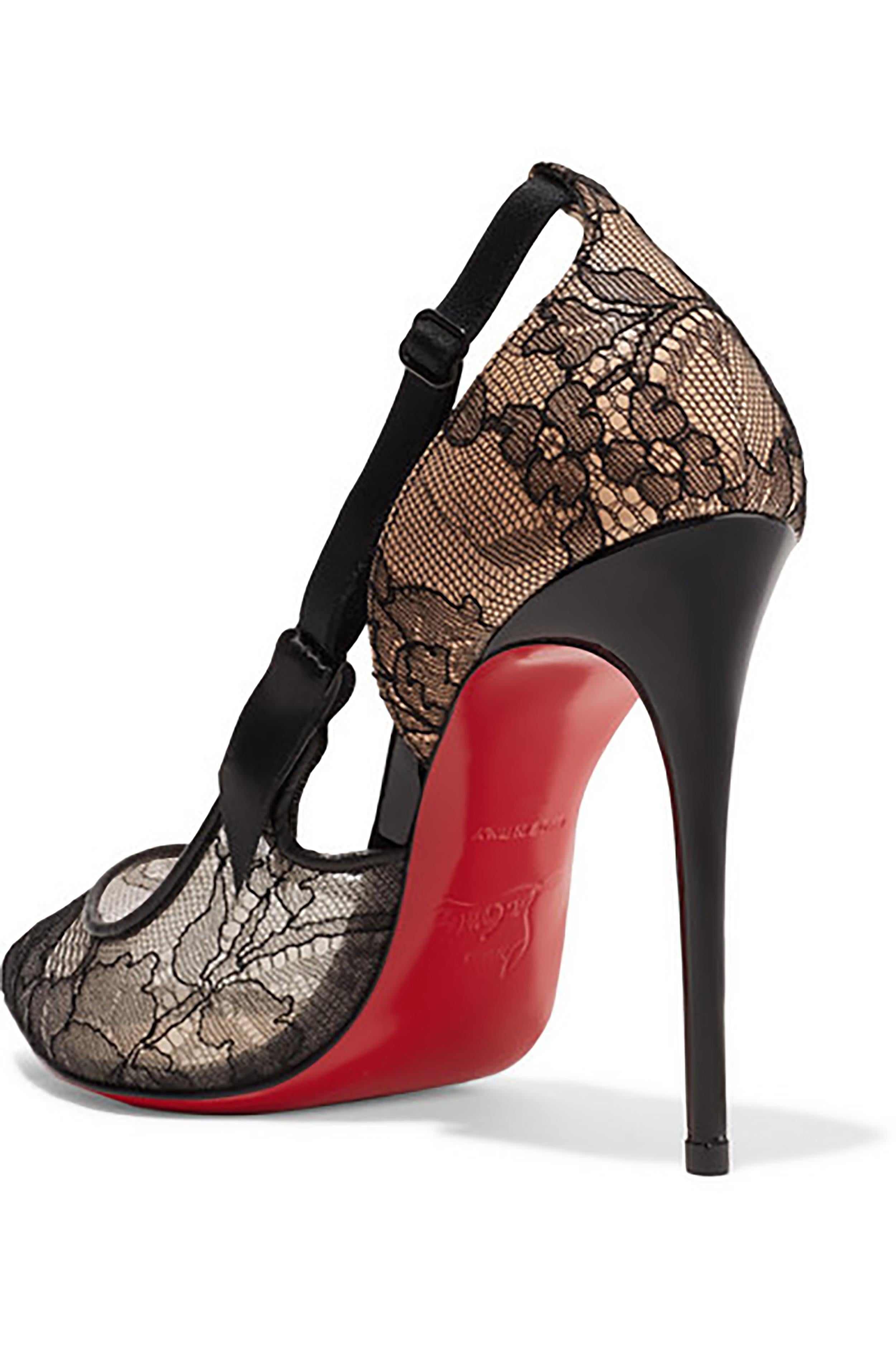 Christian Louboutin Hot Jeanbi 100 satin and patent leather-trimmed lace pumps

-Lingerie inspired
-Suspender Strap detail
- Pointed toe
- Lace vamp with nude satin back covered in lace
- Heel measures approximately 100mm/ 4 inches
- Black lace,