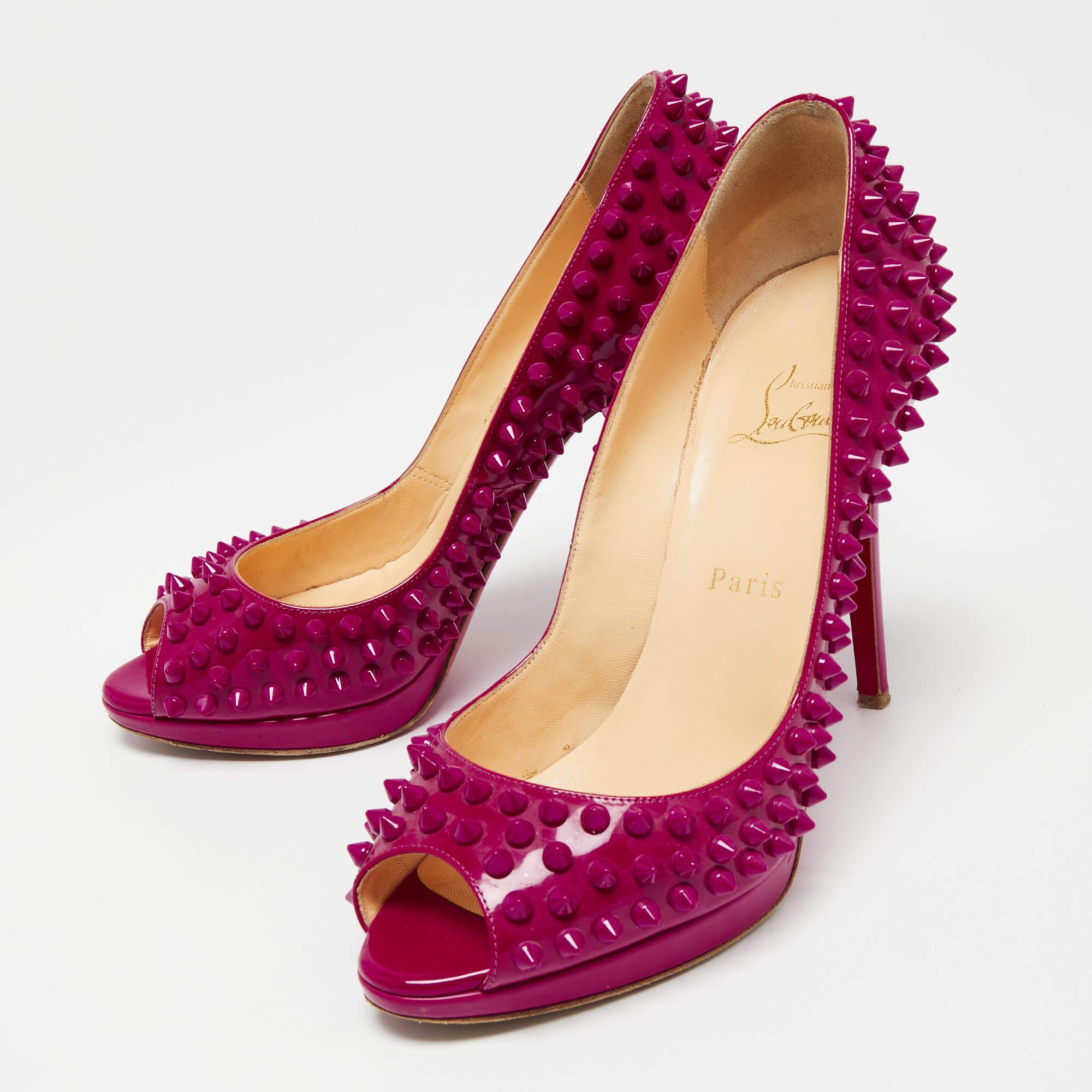 Women's Christian Louboutin Hot Pink Patent Yolanda Spiked Peep-Toe Pumps Size 38.5 For Sale