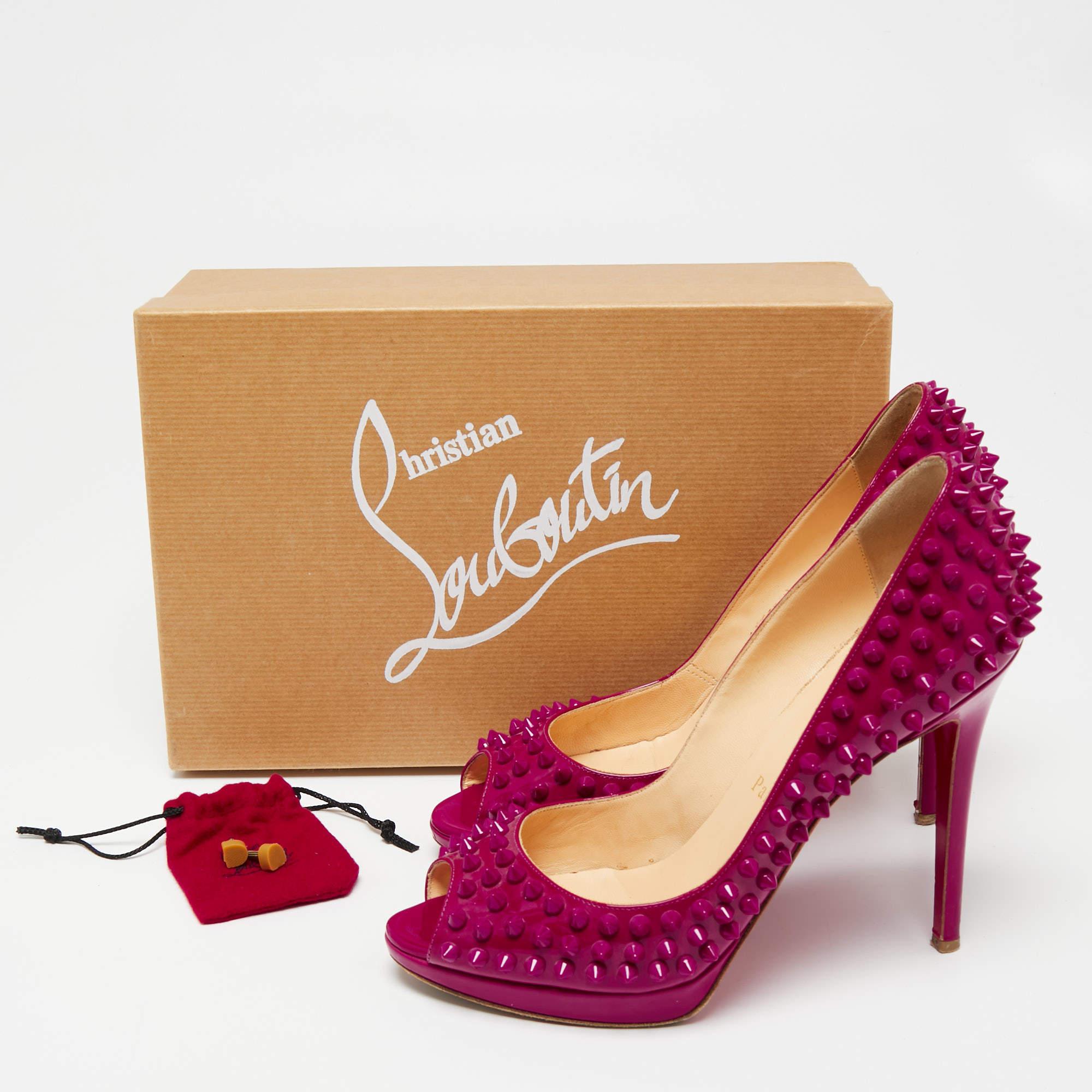 Christian Louboutin Hot Pink Patent Yolanda Spiked Peep-Toe Pumps Size 38.5 For Sale 2