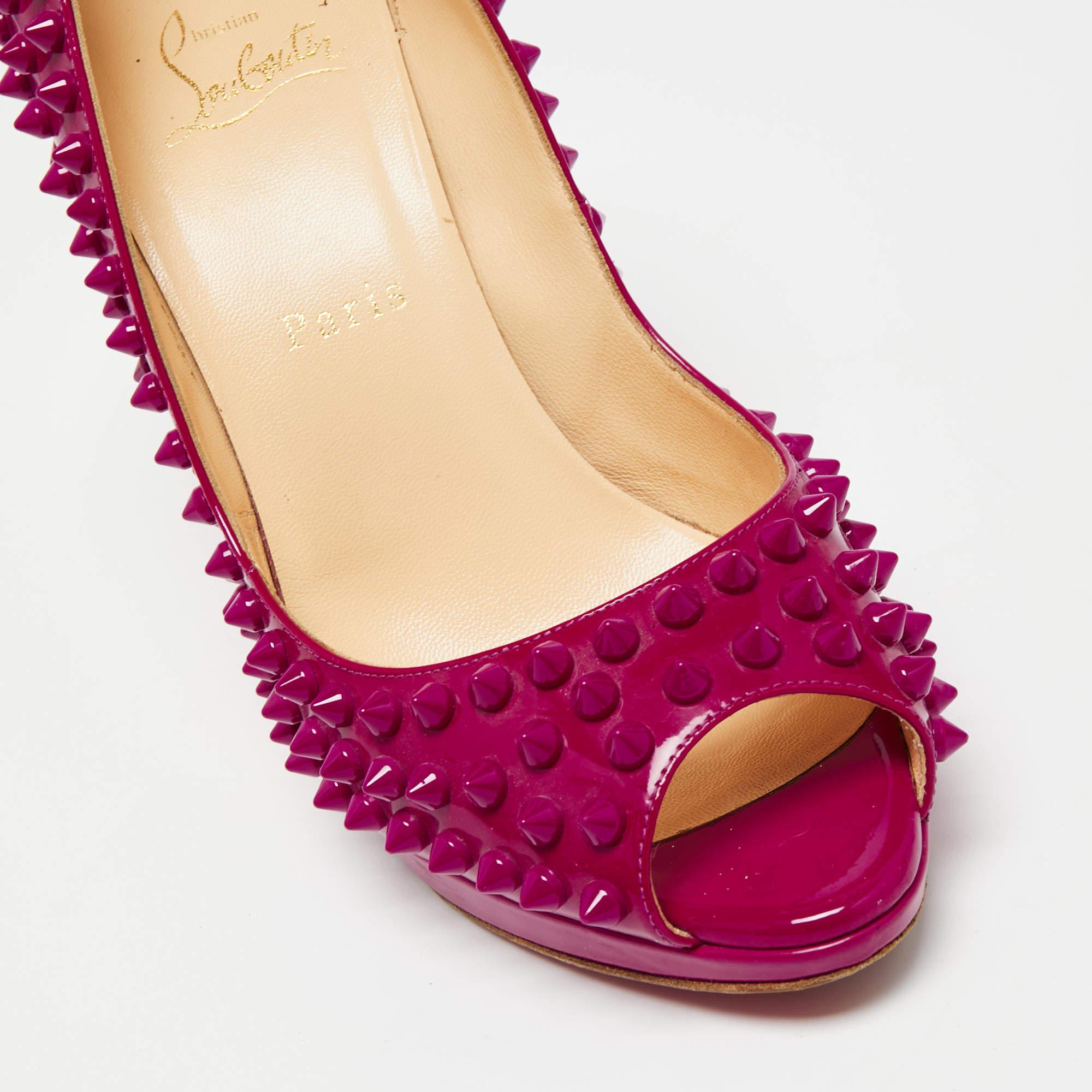 Christian Louboutin Hot Pink Patent Yolanda Spiked Peep-Toe Pumps Size 38.5 For Sale 4