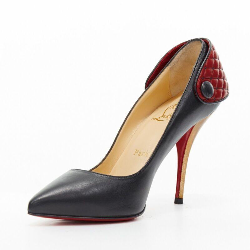 CHRISTIAN LOUBOUTIN Huguetta 100 black quilted strap back gold heel EU36 In Good Condition In Hong Kong, NT