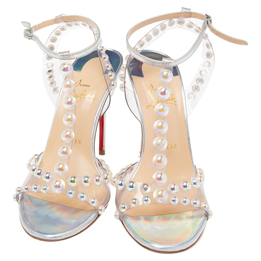 Christian Louboutin Iridescent Leather and PVC Ankle-Strap Sandals Size 39.5 In Good Condition In Dubai, Al Qouz 2
