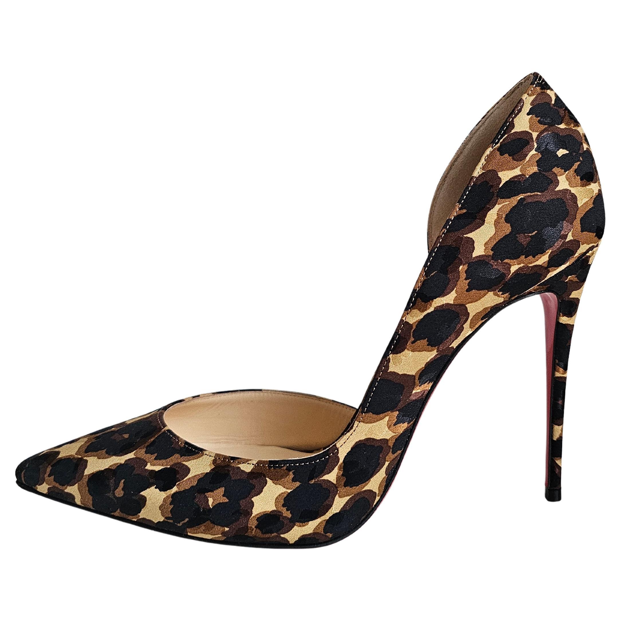 Christian Louboutin Iriza 100 Black Brown Silk Soie Leopard Sandal Heel Pump