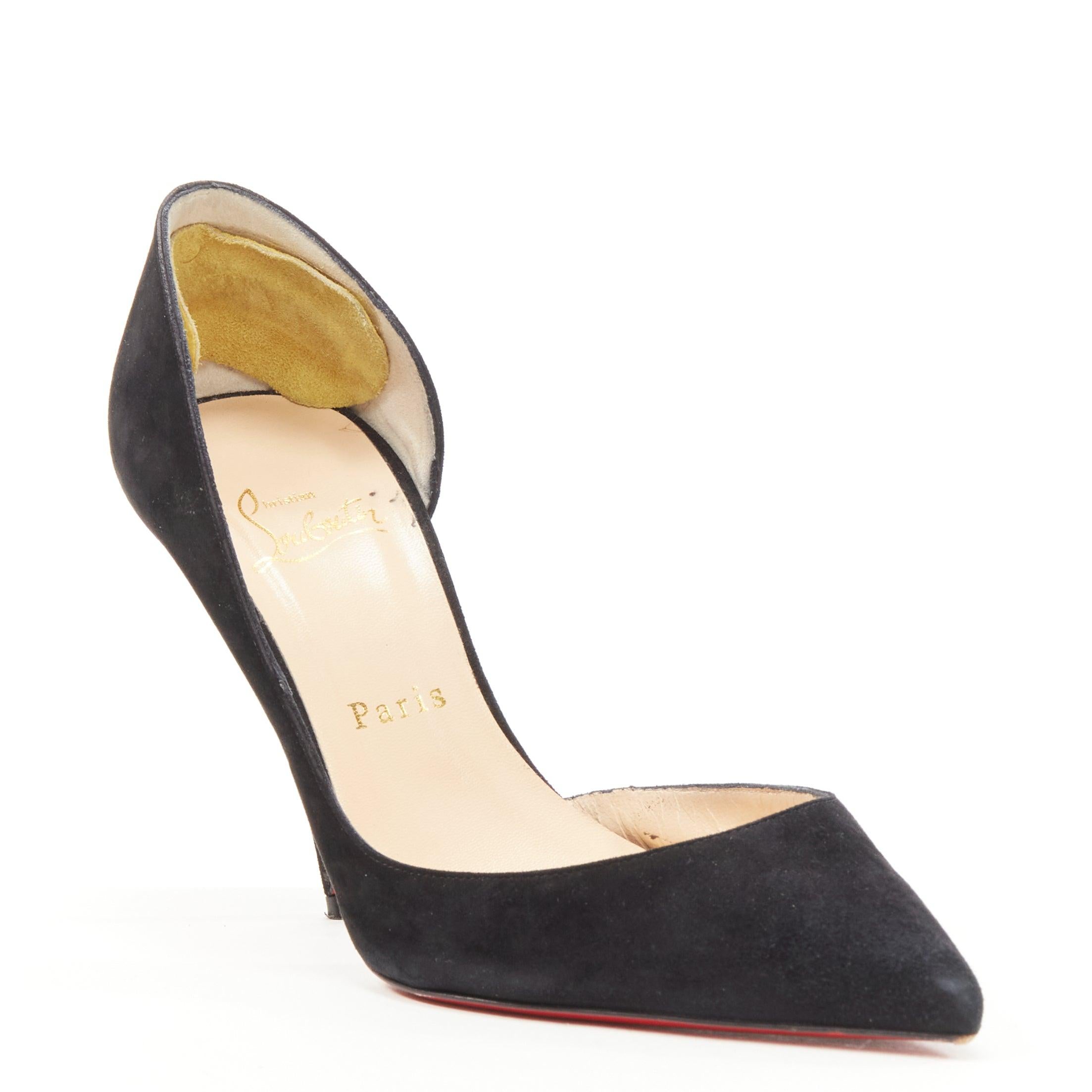 CHRISTIAN LOUBOUTIN Iriza 100 black suede dorsay stiletto pump EU38
Reference: KEDG/A00127
Brand: Christian Louboutin
Model: Iriza 100
Material: Suede
Color: Black
Pattern: Solid
Lining:  Leather
Extra Details: Dorsay pump.
Made in: