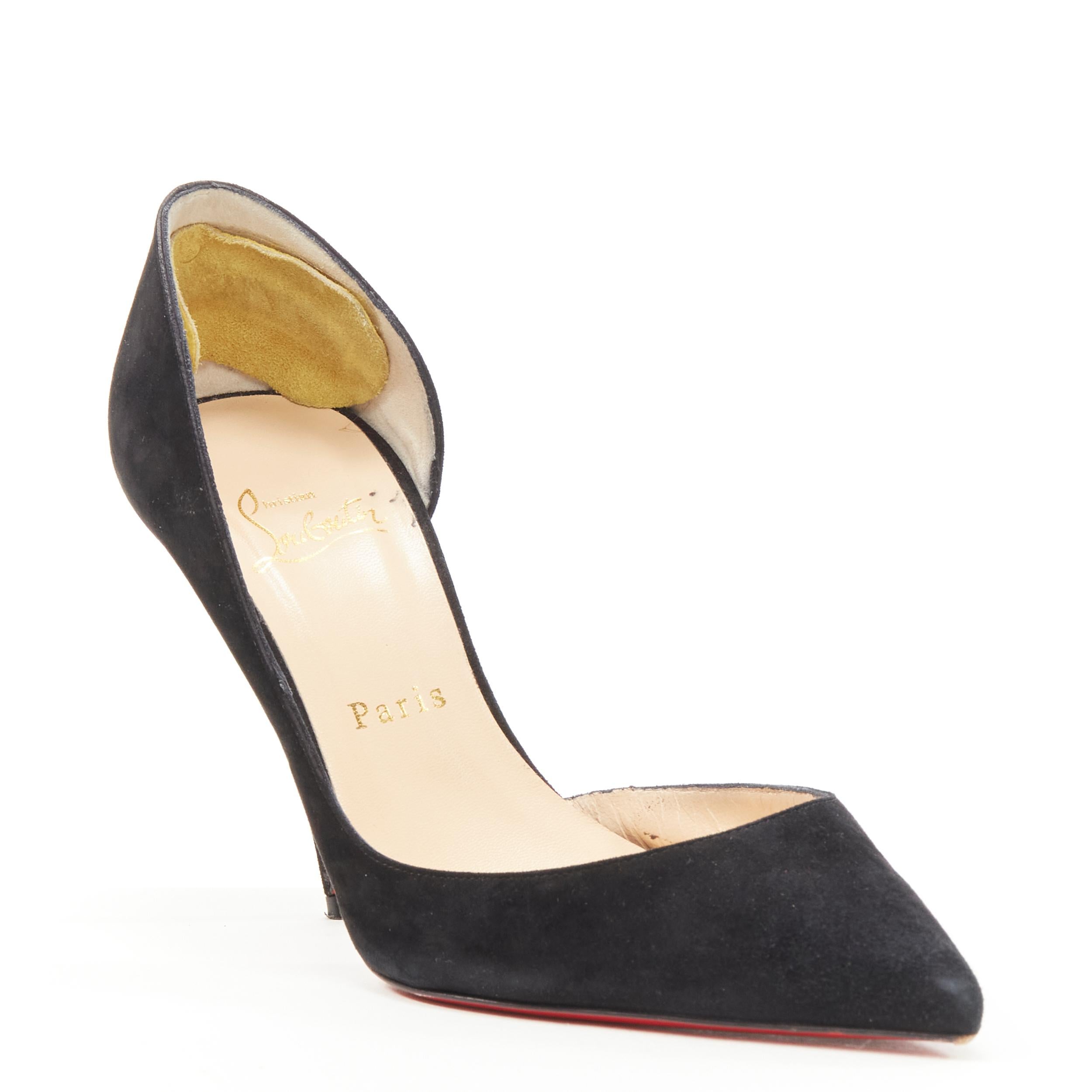 CHRISTIAN LOUBOUTIN Iriza 100 black suede dorsay stiletto pump EU38 
Reference: KEDG/A00127 
Brand: Christian Louboutin 
Model: Iriza 100 
Material: Suede 
Color: Black 
Pattern: Solid 
Extra Detail: Dorsay pump. 
Made in: Italy 
CONDITION: