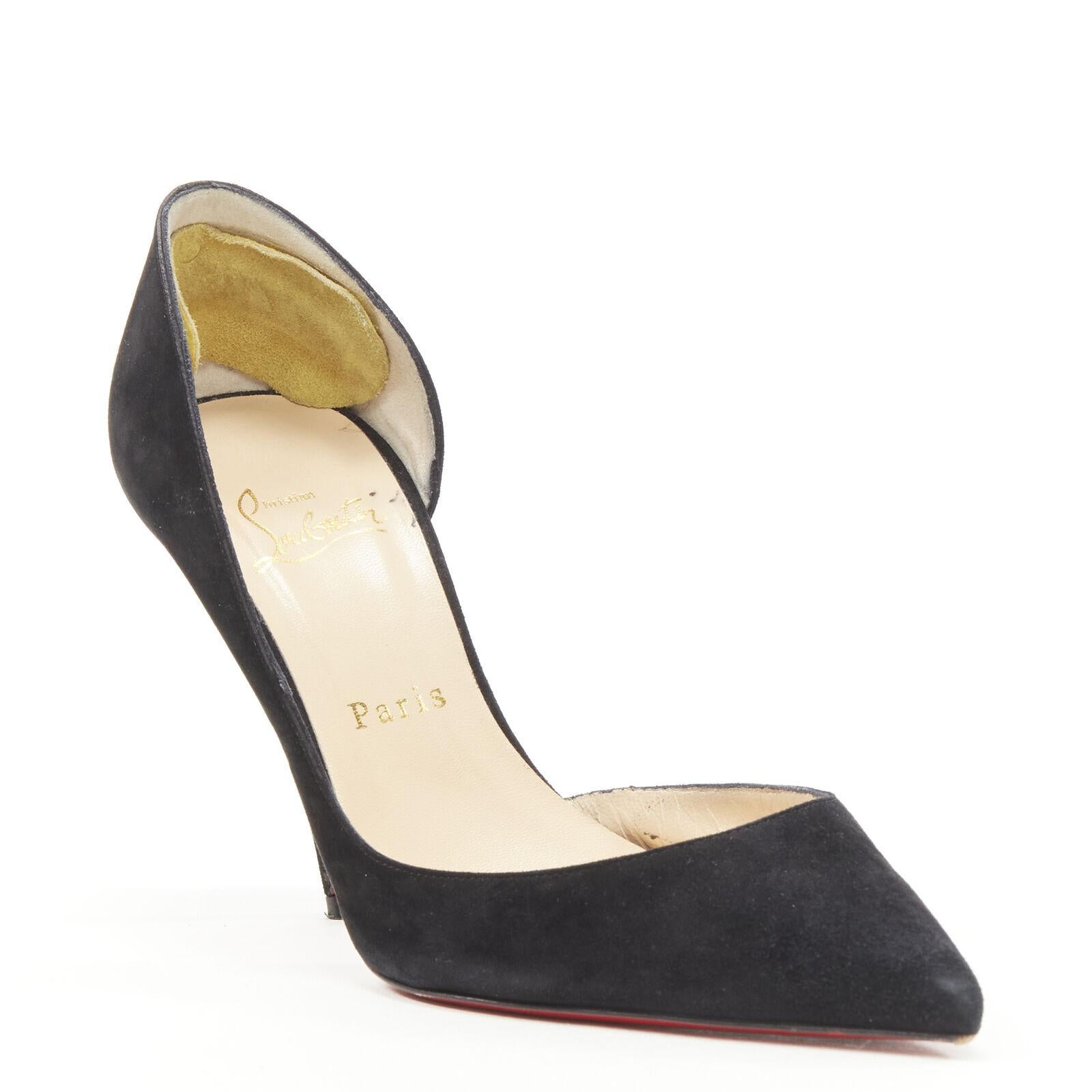 CHRISTIAN LOUBOUTIN Iriza 100 black suede dorsay stiletto pump EU38
Reference: KEDG/A00127
Brand: Christian Louboutin
Model: Iriza 100
Material: Suede
Color: Black
Pattern: Solid
Lining: Leather
Extra Details: Dorsay pump.
Made in: