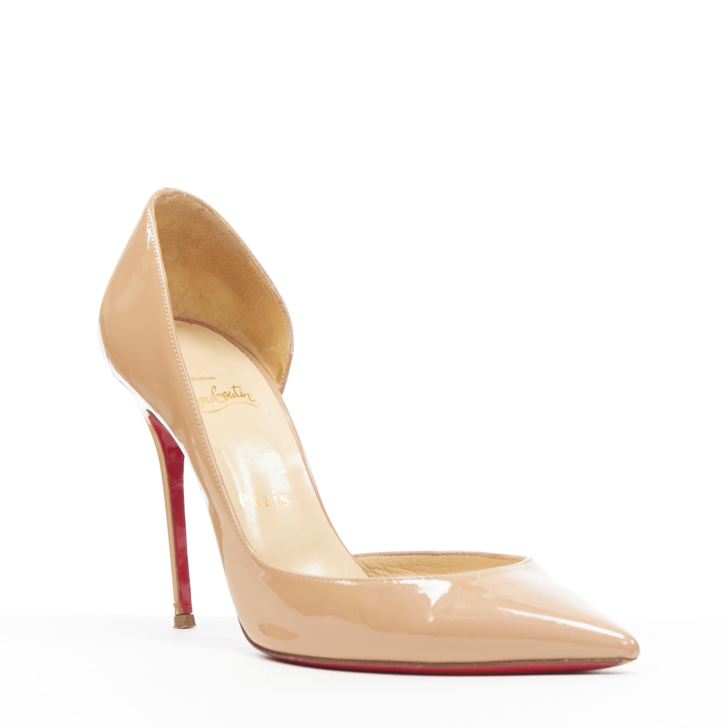 CHRISTIAN LOUBOUTIN Iriza 100 nude patent half dorsay pointy pump EU38 
Reference: TGAS/B00147 
Brand: Christian Louboutin 
Designer: Christian Louboutin 
Model: Iriza 100 
Material: Patent leather 
Color: Beige 
Pattern: Solid 
Extra Detail: Iriza