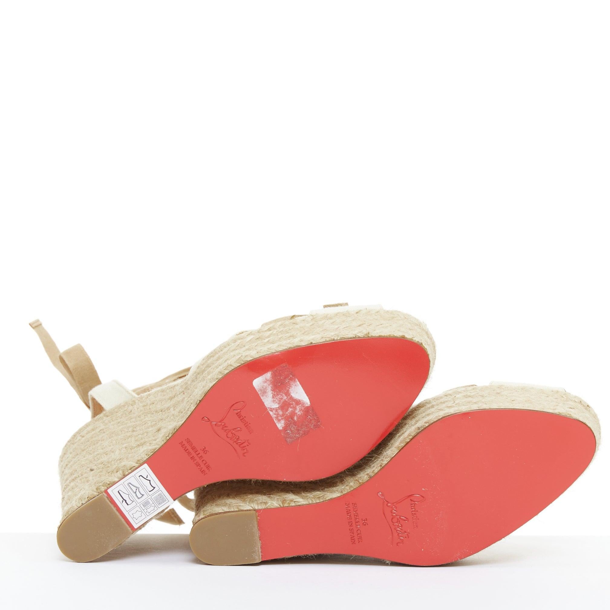 CHRISTIAN LOUBOUTIN Isabelle - Chaussures compensées à nœud papillon en toile de jute beige crème EU36 en vente 7