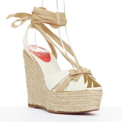 CHRISTIAN LOUBOUTIN Isabelle cream beige canvas jute bow tie wedges EU36