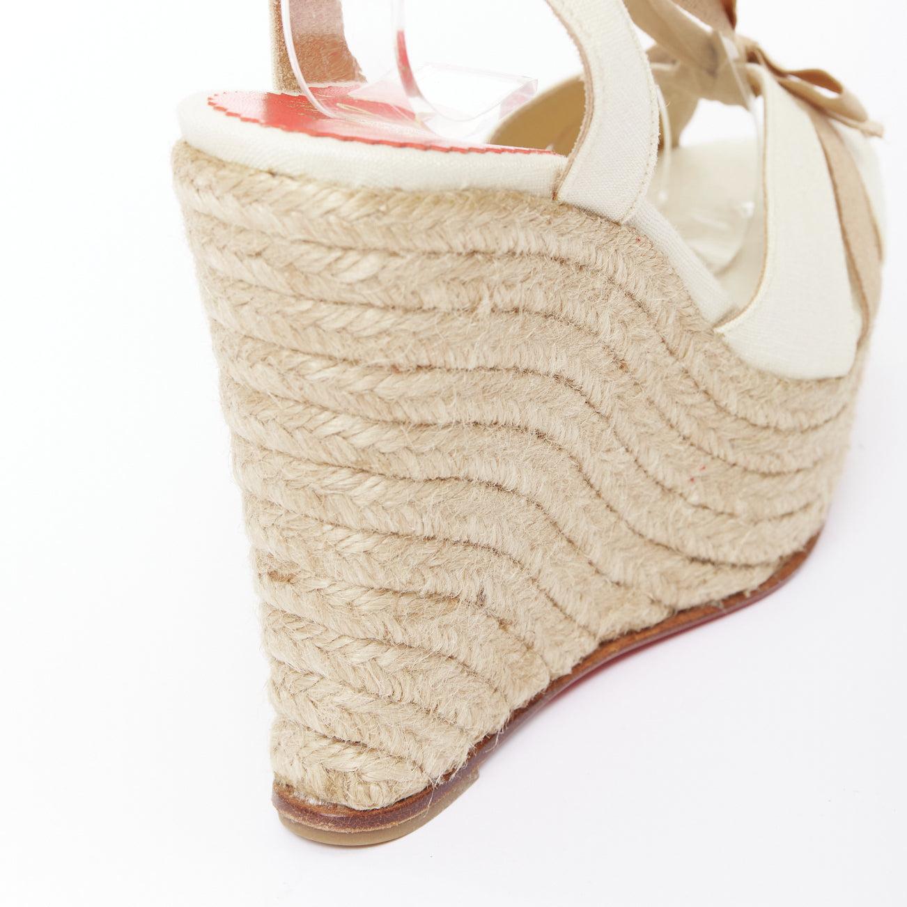 CHRISTIAN LOUBOUTIN Isabelle - Chaussures compensées à nœud papillon en toile de jute beige crème EU36 en vente 3